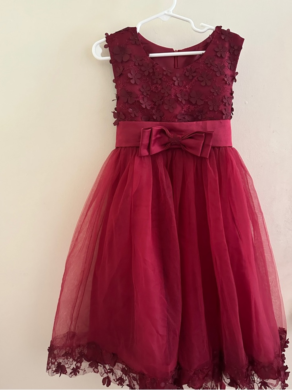 Girls Burgundy Floral Lace & Tulle Party Dress with Bow